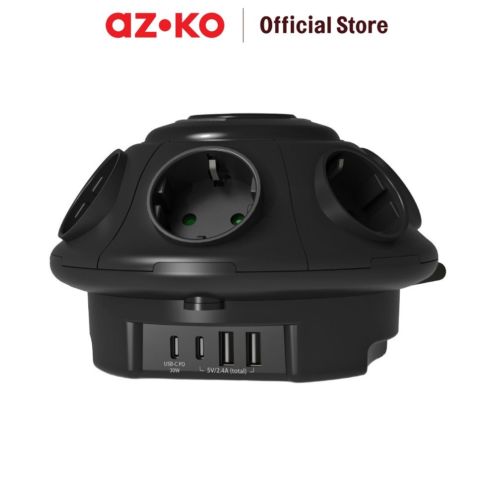 AZKO Krisbow Stop Kontak Ufo 6 Soket Dengan 4 Port Usb A & C - Hitam Electric Socket Terminal Coloka
