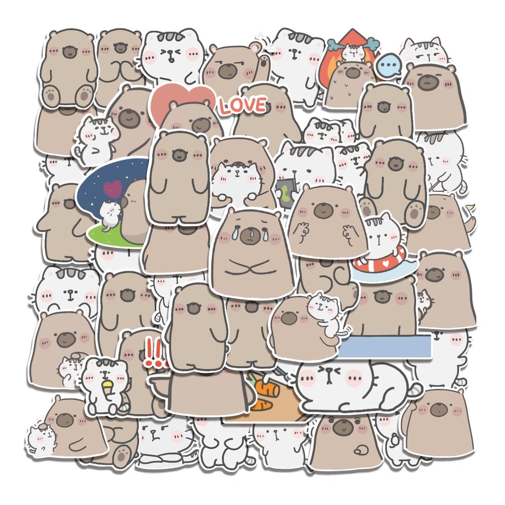 COD 50 Pcs Stiker Mr. Bear and His Cutie Cat Lucu Anti Air Untuk Dekorasi Notebook Sepeda Skateboard