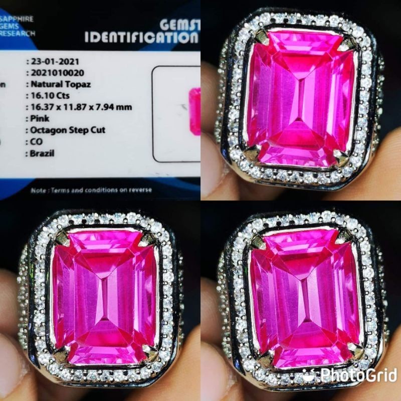 Cod BATU Permata Cincin Pink Topaz Brazil Asli Natural Octagon Siap Pakai + Memo SGR LAB High Qualit