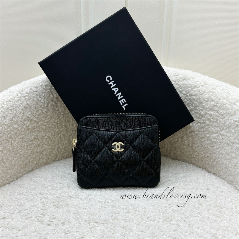 (Pre-loved) Chanel Zipped Square Compact Wallet / Card Holder in Black Caviar and LGHW
