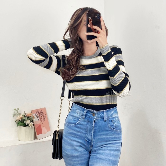 BICA KNIT INNER SWEATER RAJUT STRIPE BAJU ATASAN WANITA PRES BODY - Hitam /Update 2025
