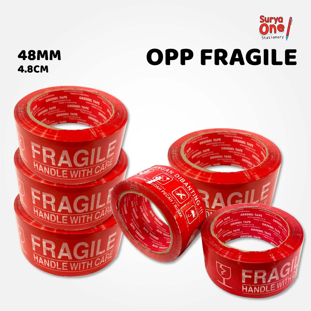 

Isolasi Fragile 48 mm Greebel uk. 48 mm X 72 m X 45 mic / Lakban Fragile Suryaone