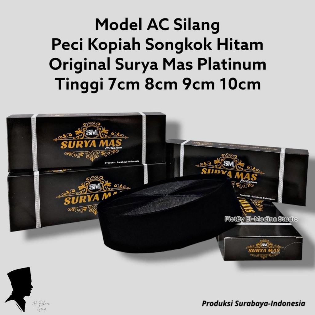 Peci Kopiah Hitam Polos AC Silang Merk Suryamas Platinum Tinggi 7cm 8cm 9cm 10cm HM Toha Bandung Son
