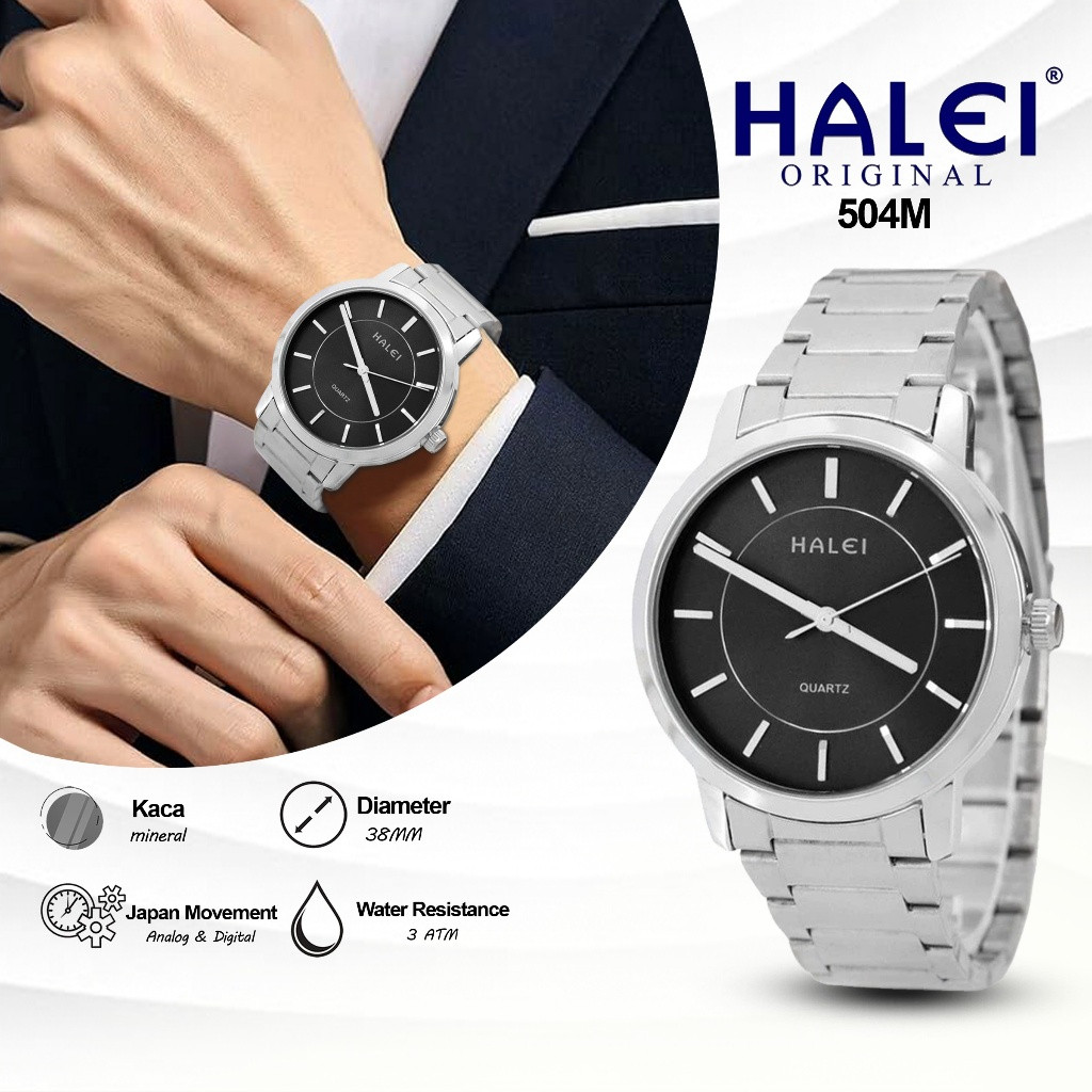 Halei 504 M Jam Tangan Pria Halei Original Kasual  Anti Air Rantai Stainless Back Analog Kekinian