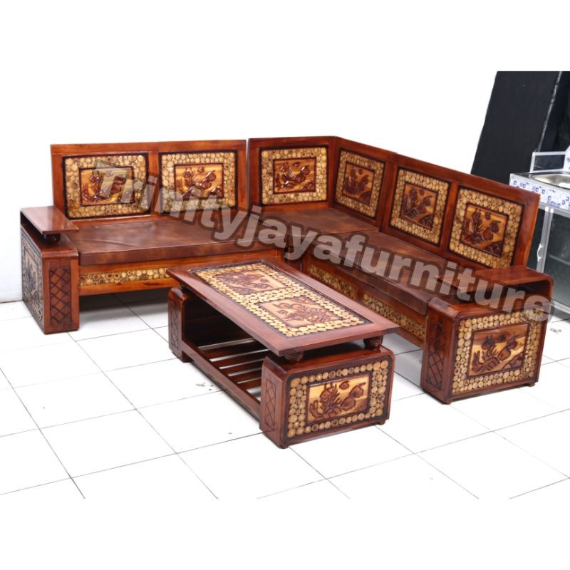 Sofa Kursi Tamu Jati Bentuk L 2+2+1+Sudut+Meja/Candra Furniture