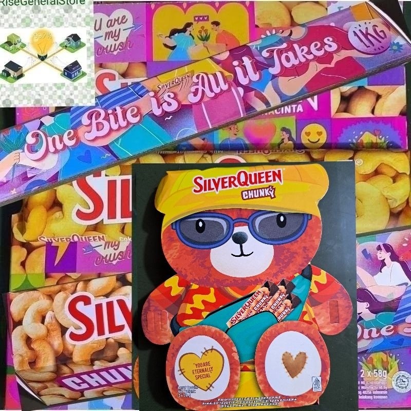 

Silver Queen 3x26gr Bear Chunky, Cashew Reg 58/55gr, 2pcs coklat Silverqueen mete, Chunky bar 95gr cokelat Silverqueen mete 58gr/55gr/95gr