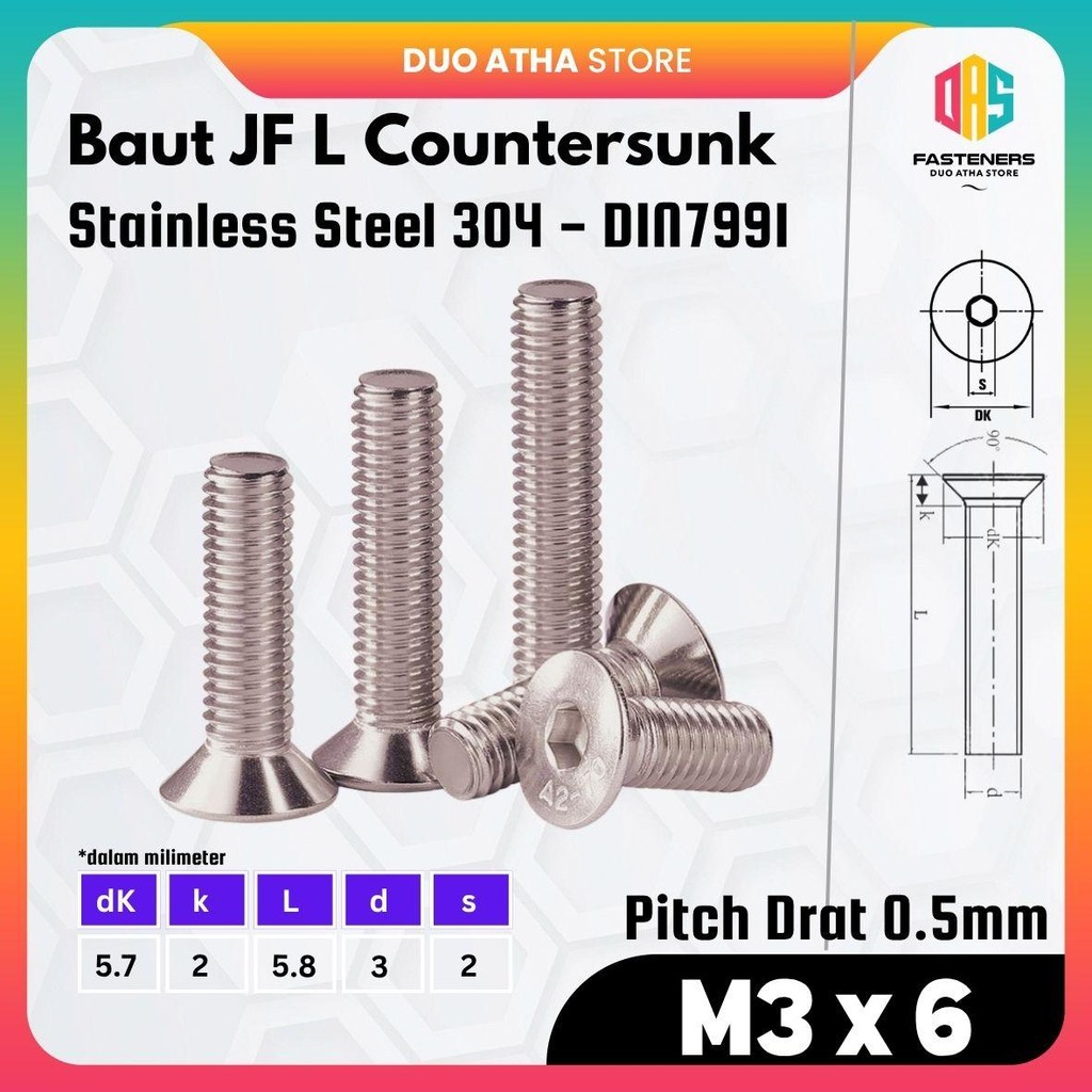 M3x6 Baut JF L M3 x 6 Stainless / Baut Verseng M3 x 6 Stainless / Countersunk M3 x 6 Stainless Steel