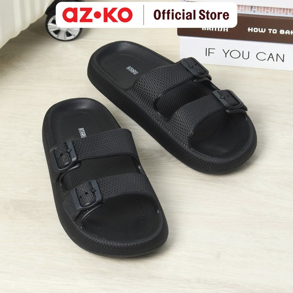 AZKO Ataru Ukuran 42/43 Sandal Double Strap Thick Slides - Hitam Unisex Slipper Sendal Kasual Outdoo