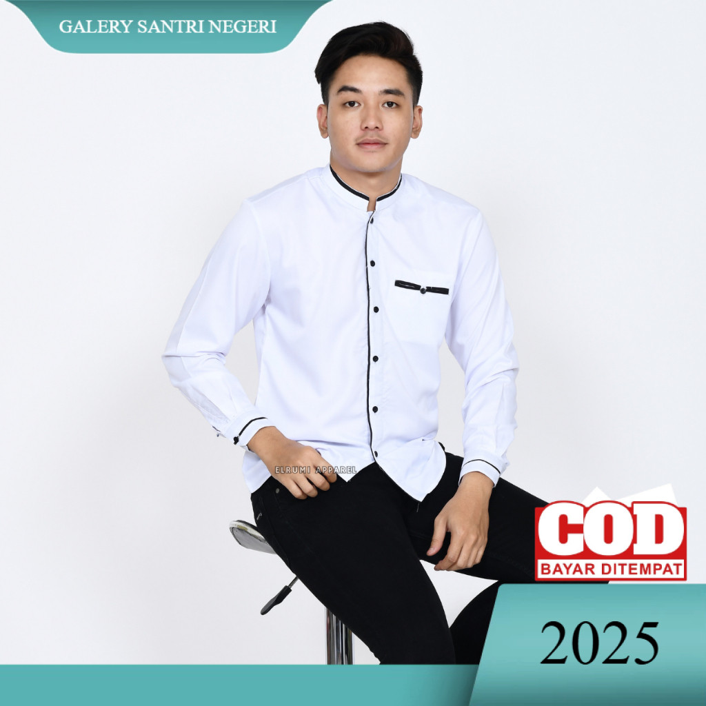 Baju Koko Pria Dewasa Lengan Panjang Putih Polos Motif LC Original Elrumi