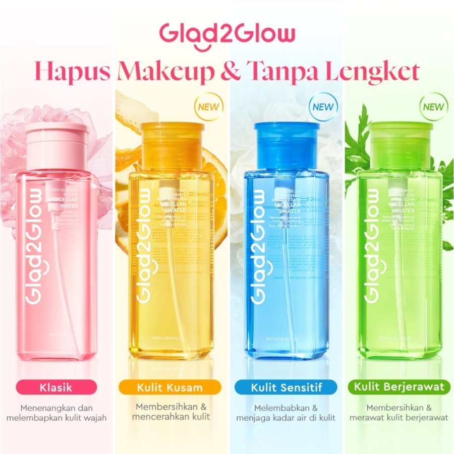 GLAD2GLOW G2G MICELLAR WATER SERIES 130ML 300ML CHERRY BLOSSOM BETAINE YUJA VIT C MUGWORT TREMELLA
