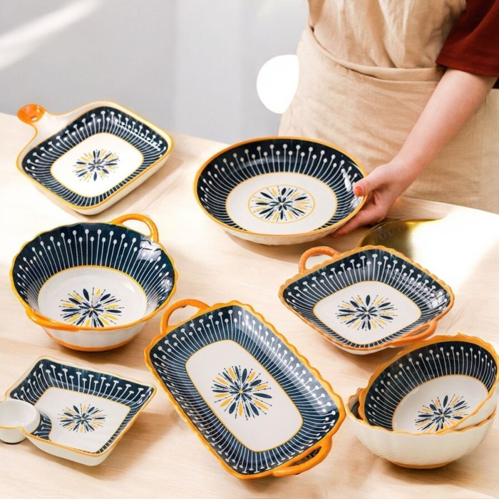 Yelo C Peralatan Makan Keramik Mewah Motif Bunga Biru Bergaris Kuning Piring Mangkok, dan Piring Saj