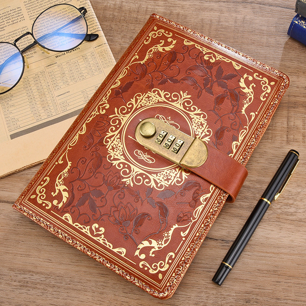 

JESJELIU A5 200 Pages Retro Password Book with Lock Diary Thickened Creative Hand Ledger Student Notepad Stationery Notebook