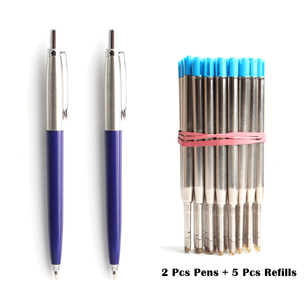 

2+5/Set Office A Pen Metal Ballpoint Pen With Refill Gift Stationery Core Automatic Ball Pen For School Office Ink Blue Black