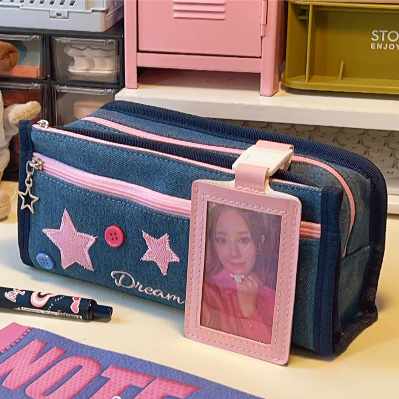 

1Pc New American Retro Denim Star Pencil Case Multi-layer Cute Girl Stationery Pen Pouch with Removable 3-inch Photocard PU Bag