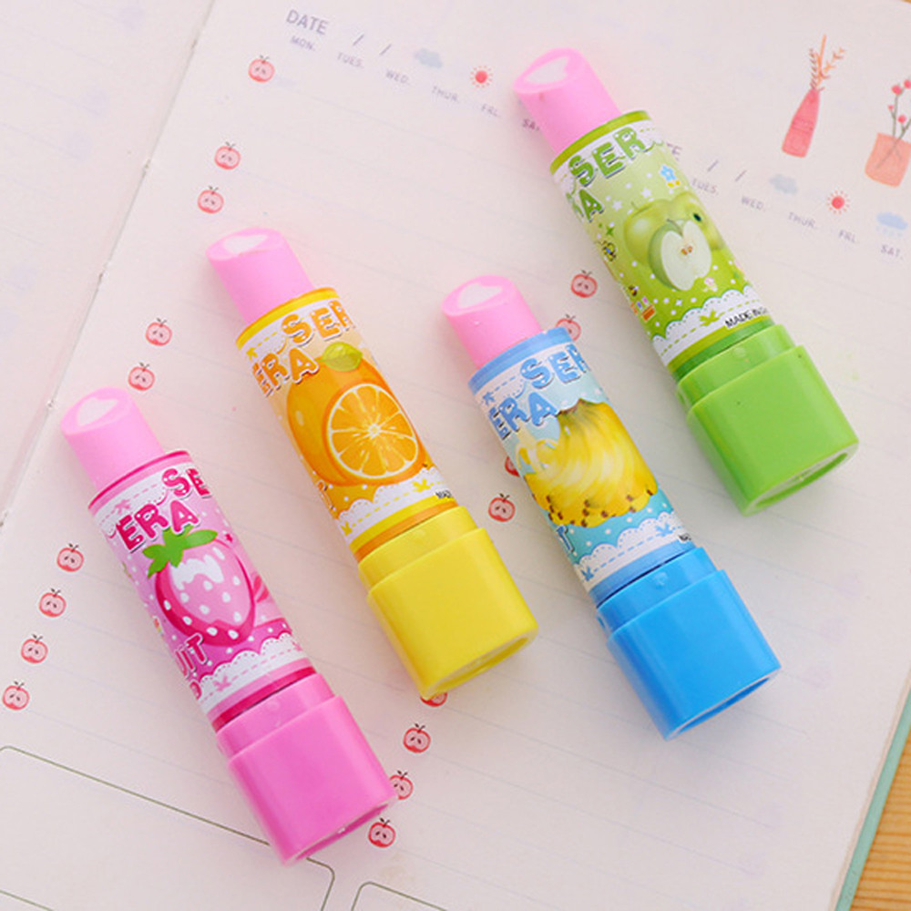 

4Pcs Cute Lipstick Eraser Kawaii Stationery Toy for Girl School Supplies Fruit Art Eraser for Girls Kids Stationery Gifts Prize