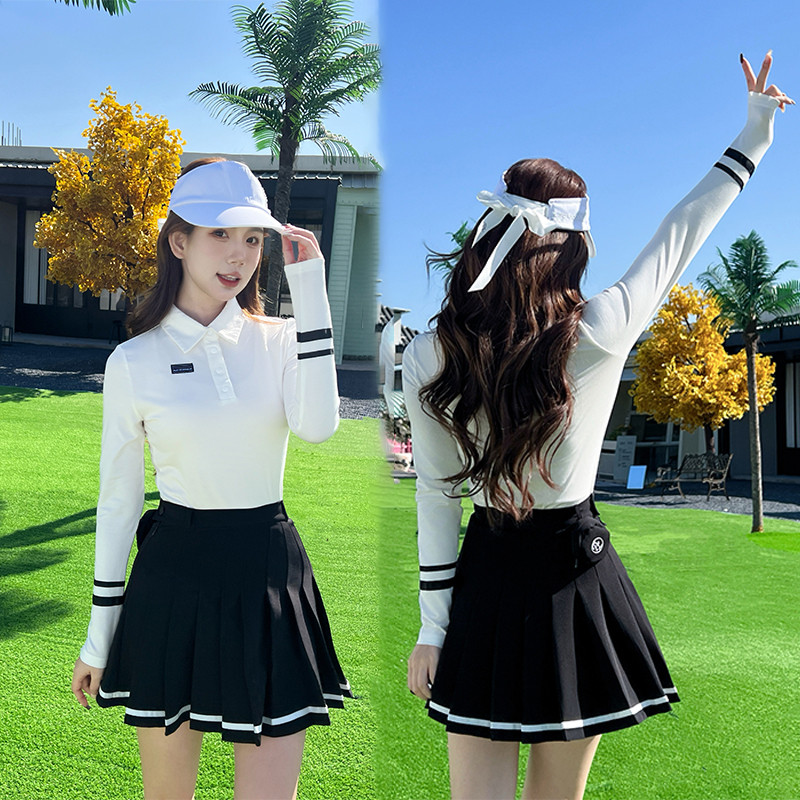 2025 Golf Women Clothing Striped Long Sleeve Shirts Button Collar Sports Tops Spring Pleated Short S