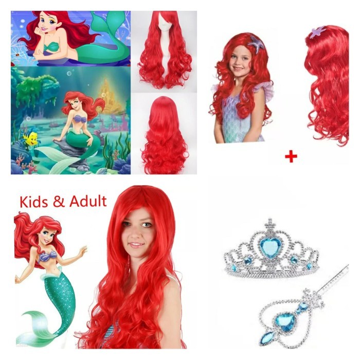 Fix Paket Wig Merah Ariel Mermaid bonus mahkota tongkat