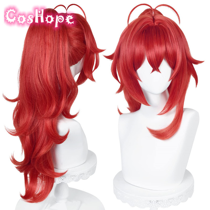 Diluc Cosplay Wig High Ponytail Red Wig Cosplay Diluc Manga Wig Anime Cosplay Wig Heat Resistant Syn