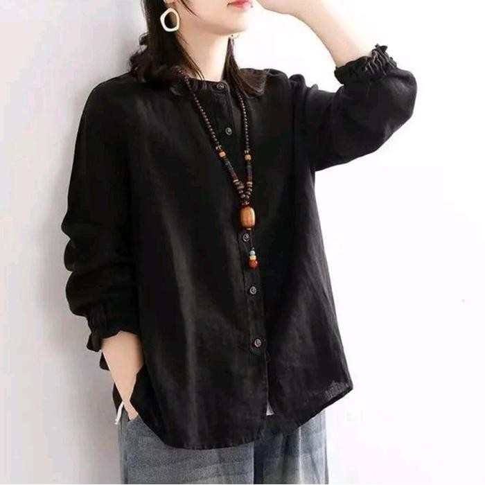 MUMPUNG PROMOSupra Blouse Oversize Linen Atasan Casual Polos - Hitam, LTERLARIS