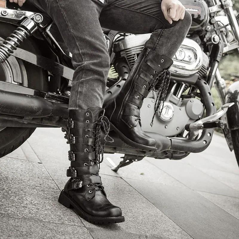 Large Size 37-46 Men's PU Leather Motorcycle Boots Mid-calf Breathable Boots Gothic Belt Punk Boots 