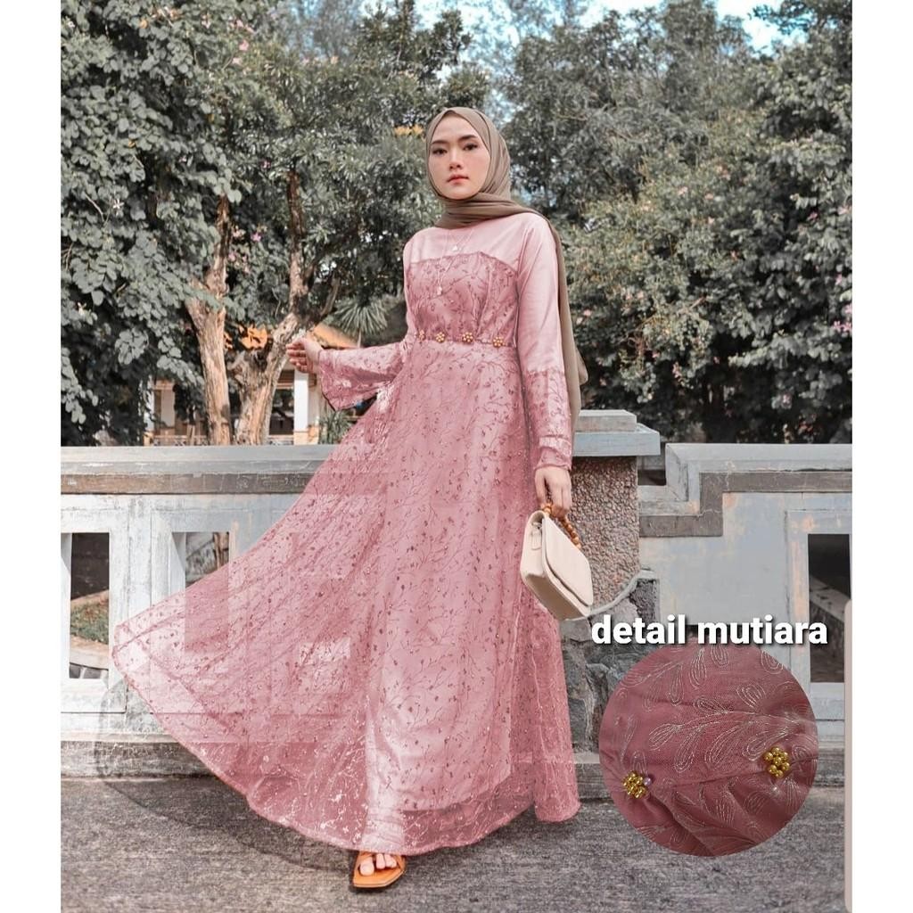 baju gamis maxi premium wanita bahan moscrepe kombinasi tile premium dengan model kekinian