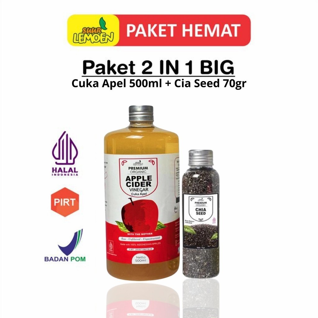 

Paket Hemat 2 IN 1 BIG Cuka Apel 500ml, Chia Seeds 70gr Apple Cider Vinegar 500 ml - Cuka Apel Premium Organic