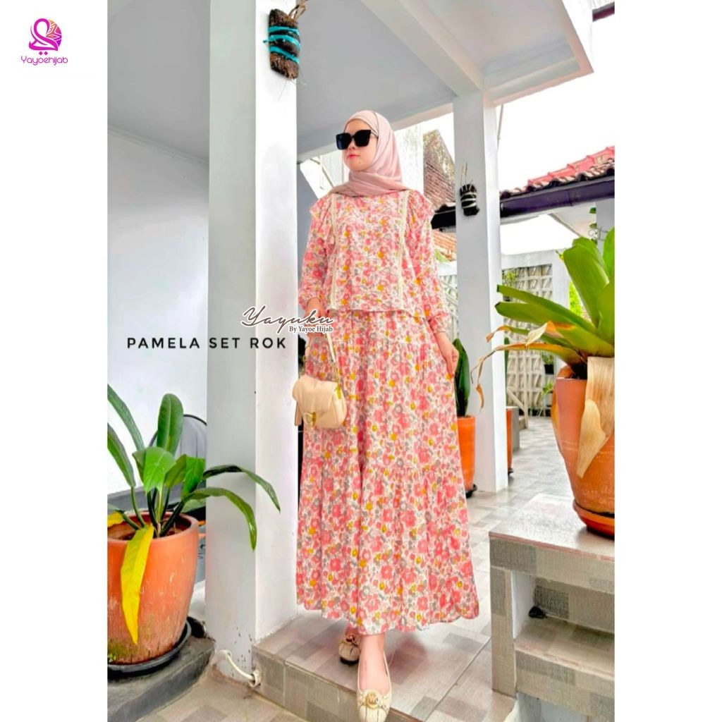 FGK82 Pamella Set Rok Rayon Motif Terbaru Oneset Wanita Model Tangan Balon Aplikasi Renda dan Ruffle