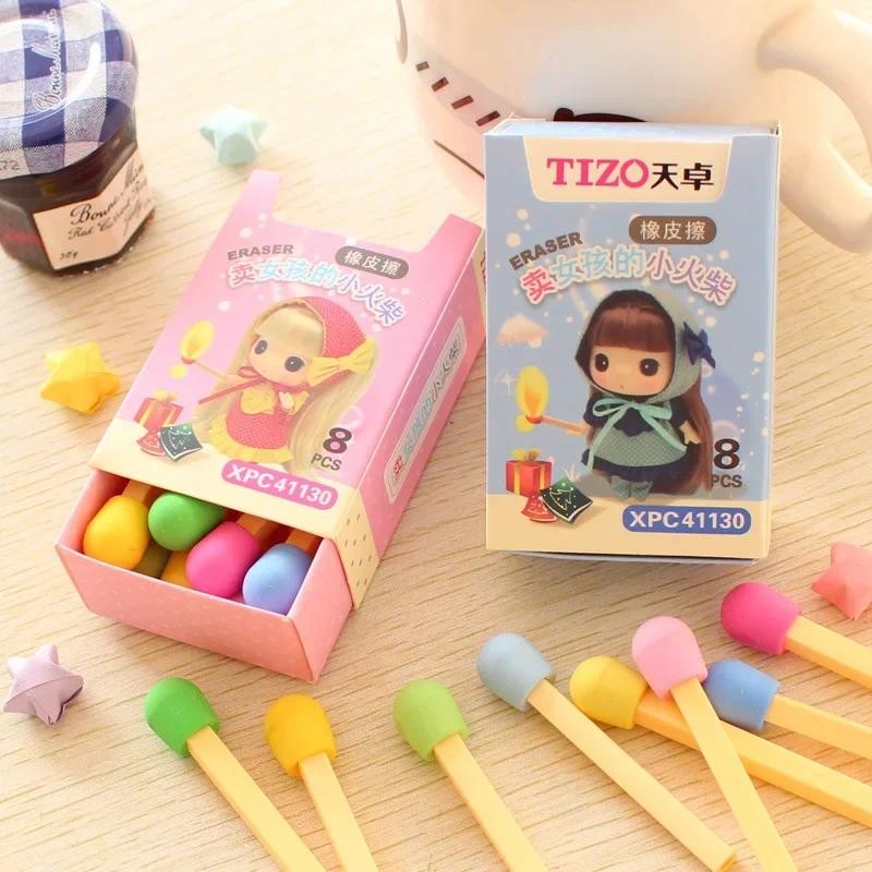 

A Box Matchstick shape Cute Kawaii Matches Eraser Lovely Colored Eraser for Kids Students Kids Creative Item Gift