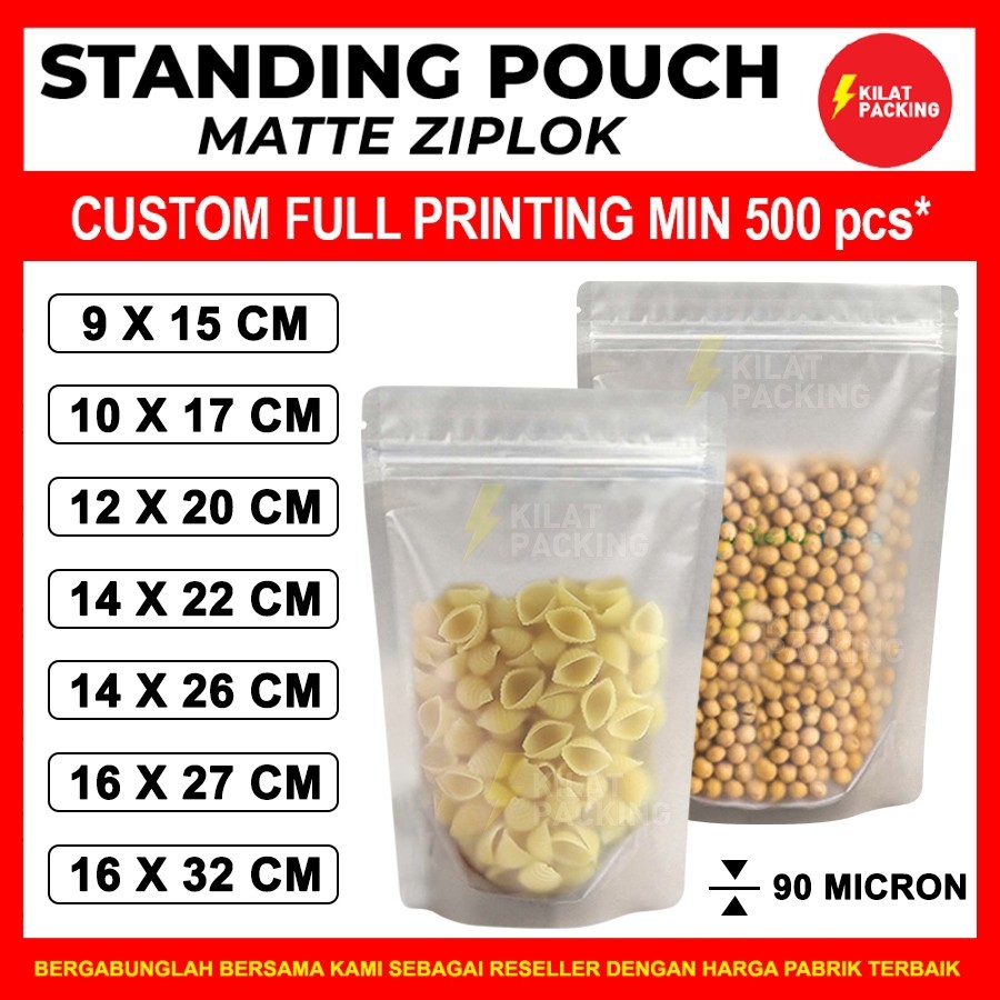 CUSTOM SABLON Standing Pouch Ziplock Matte Doff Plastik Klip Makanan Dan Minuman Kemasan Snack PREMI