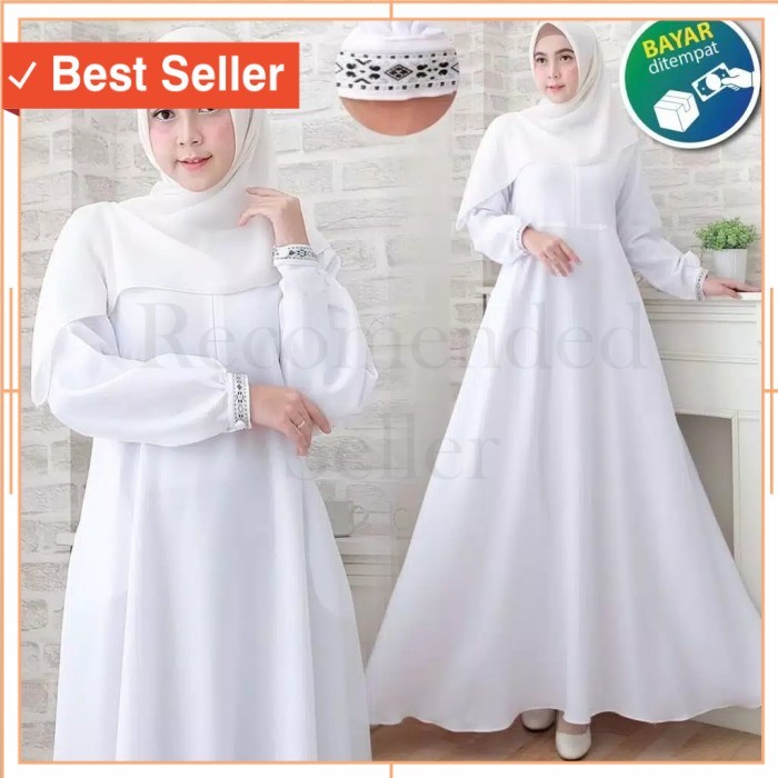 Busana Muslim Wanita Murah Keren Modis Cantik /Afira Dress Putih-Baju Gamis Wanita Remaja Kekinian S