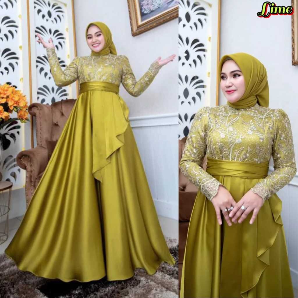 Azzura Gamis Kondangan Gamis Pesta Gamis Wanita Muslim Terbaru / Gamis Brokat Combinasi Satin / Dres