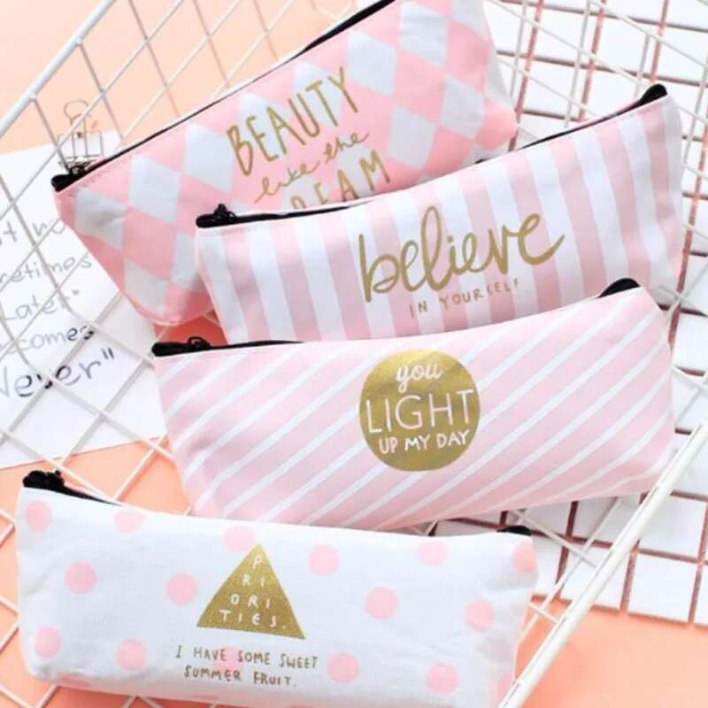 

1 Pcs Lytwtw's Pink Canvas Pen Pencil Bag Canvas School Stationary Makeup Pouch Cosmetic Case Office Supply Word Dot Cute Kawaii