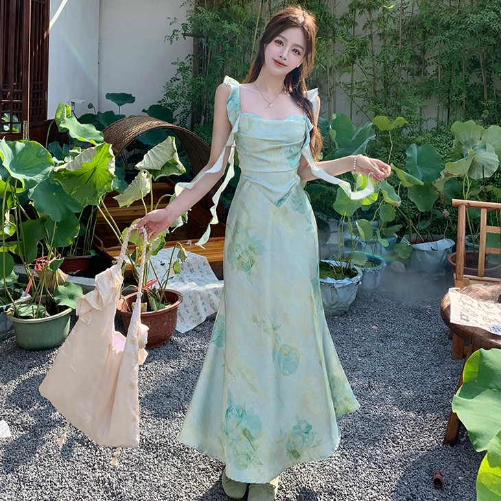 Meirong long dress hijau sage pantai press body import wanita korean style dress natal terbaru 2025