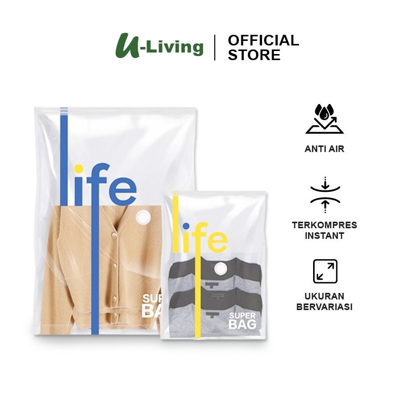 U-Living Plastik Kompresi Vacuum Bag Baju Motif Life Pakaian Travel Anti-air Dipakai Berulang