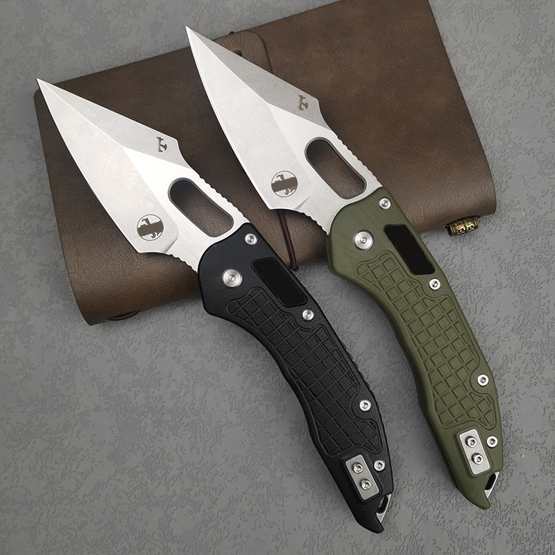 Micro D2 Steel Tech Folding Bldae Stitch Stone Washed Surface Outdoor Knives Survival Folding Knife 