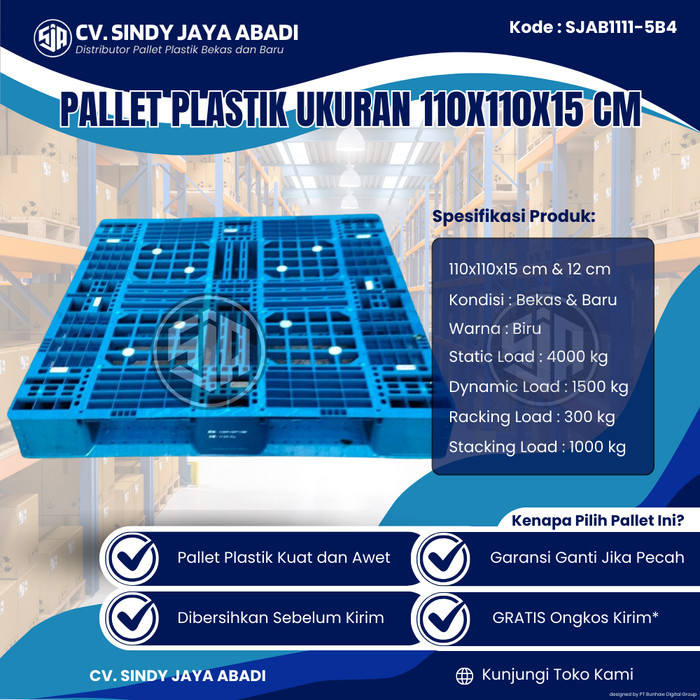 

Pallet Plastik Bekas Ukuran 110x110x15 cm - SJAB1111-5B4 / Pallet Plastik Warna Biru / Pallet Plastik Jaring