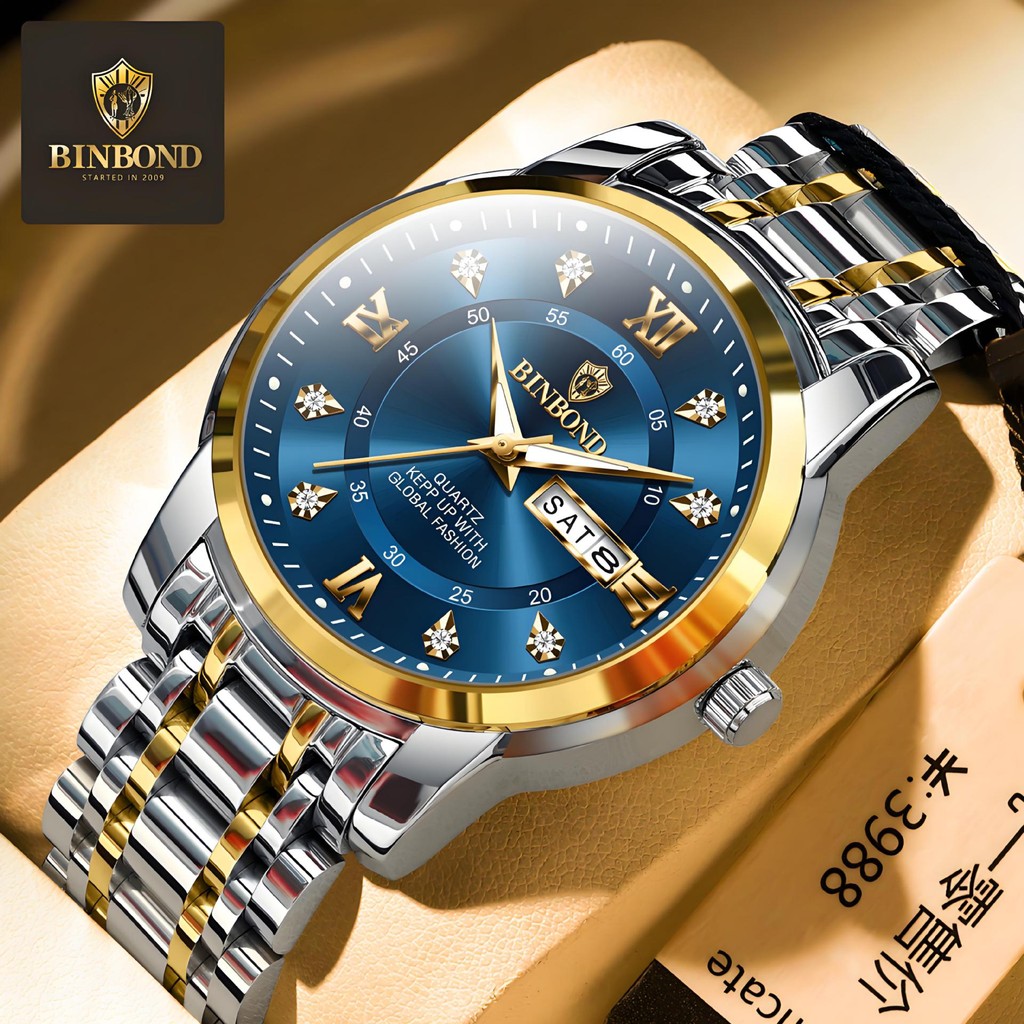 

Binbang Gerakan Kuarsa Jam Tangan Pria Asli Tahan Air Bercahaya Fashion Bisnis Kalender Ganda Pita Baja Berhias Berlian Penutup Kupu-Kupu