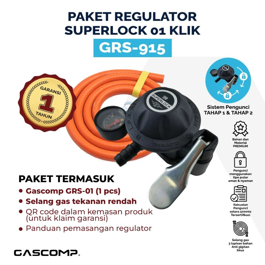 GASCOMP Paket Regulator Superlock 01 Klik (GRS-915) - Regulator Kompor Gas Superlock Regulator Gas A