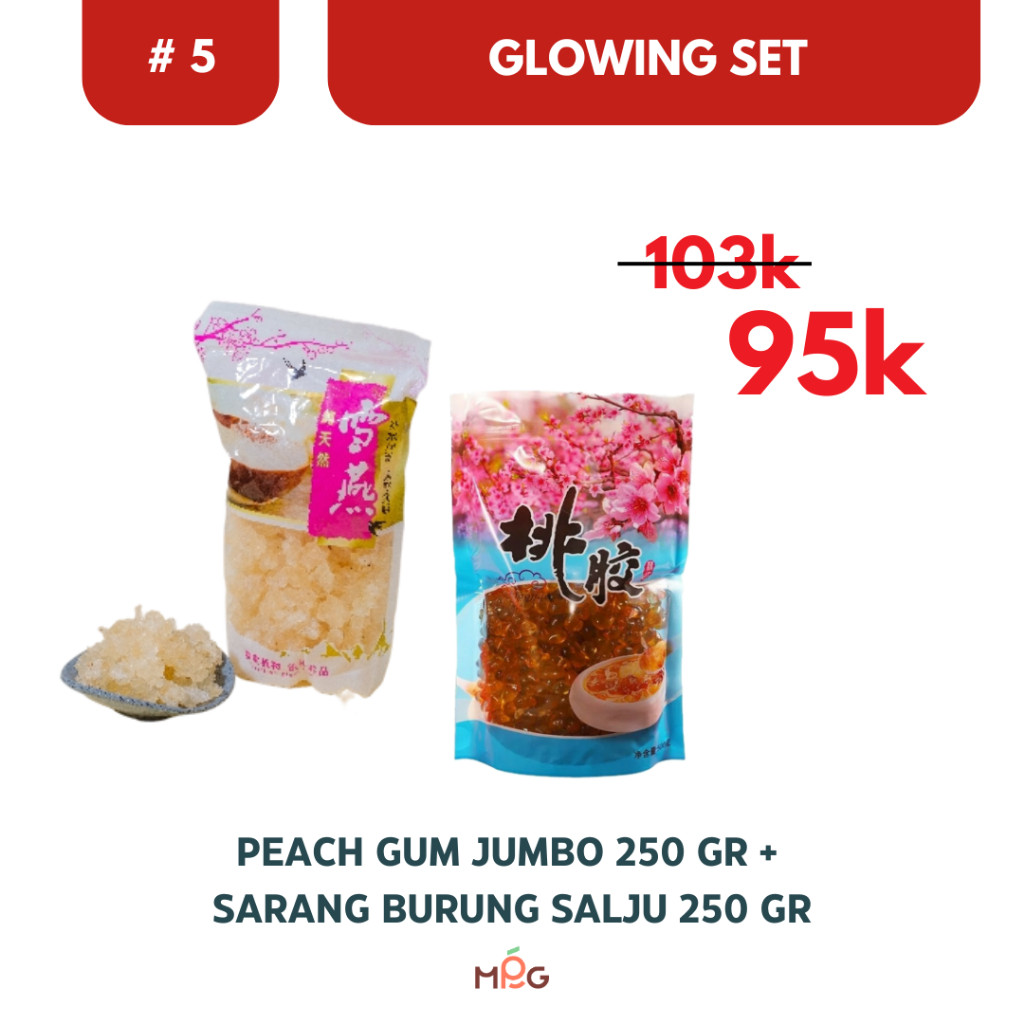 

Mending Peach Gum - [READY INSTANT] Paket Glowing Set 5 (Peach Gum Jumbo 250gr + Sarang Burung Salju 250gr) Desser Organik Halal Sehat Tinggi Kolagen