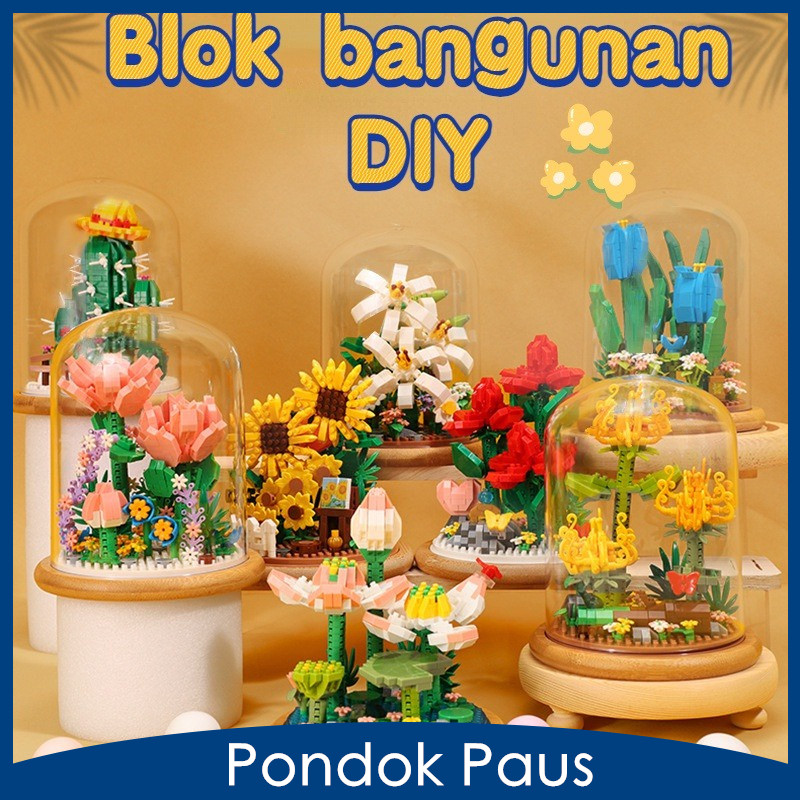 Tanaman Bata Blok Bangunan Bata Perakitan Buket Mainan Bunga Blok Nano Dekorasi Model DIY