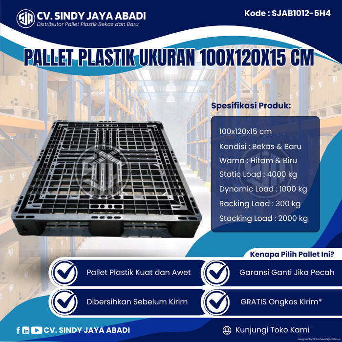 

Pallet Plastik Bekas Ukuran 100x120x15 cm - SJAB1012-5H4 / Pallet Plastik Warna Hitam / Pallet Plastik Jaring