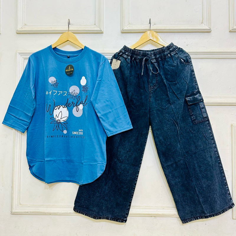 SW32Q Setelan Kulot Jeans Wanita Dewasa Atasan combed 20s Celana Jeans Kulot Cargo, Setelan Wanita T