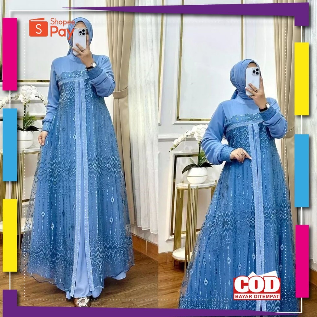 [PREMIUM ORIGINAL] GAMIS BRUKAT AMELDA DRESS WARNA DENIM TERBARU MODEL ELEGAN DRESS PESTA TAHUN 2024