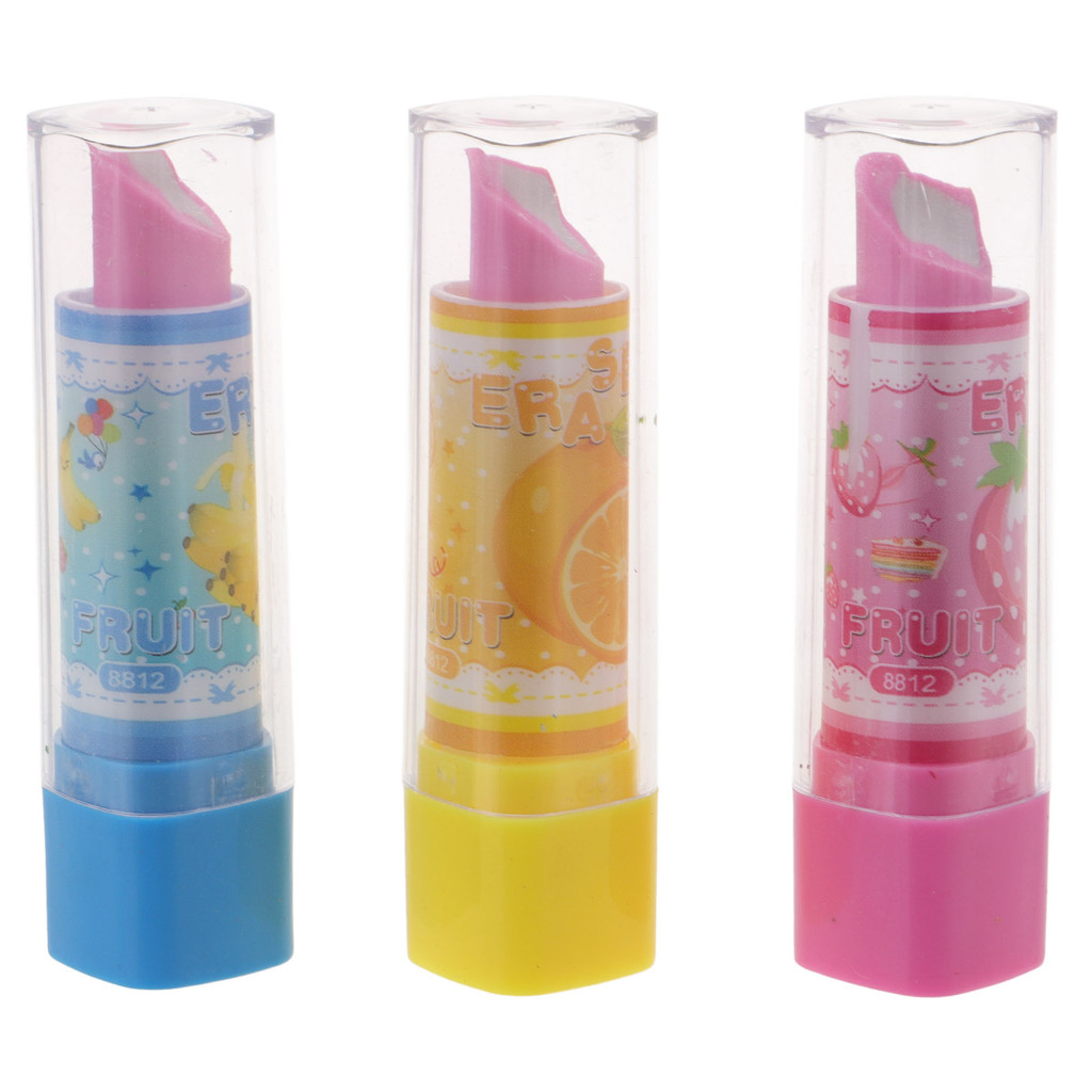 

3 Pcs Adjustable Child Nice Eraser Lovely Pencil Erasers Lipstick for Kids Fruit Pattern