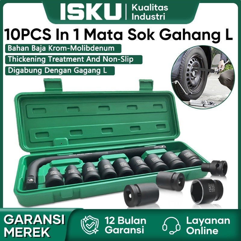ISKU Kunci Shock Impact / Shock Set 10pcs Bahan Cr Mo Mata Sok Gagang L Dan Mata Sock Impact 8-24mm