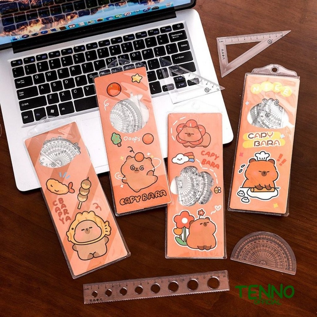 

TENNO Penggaris Capybara Set Isi 4 Pcs Garisan Busur Siku Segitiga Motif Kapibara Plastic Ruler Cute