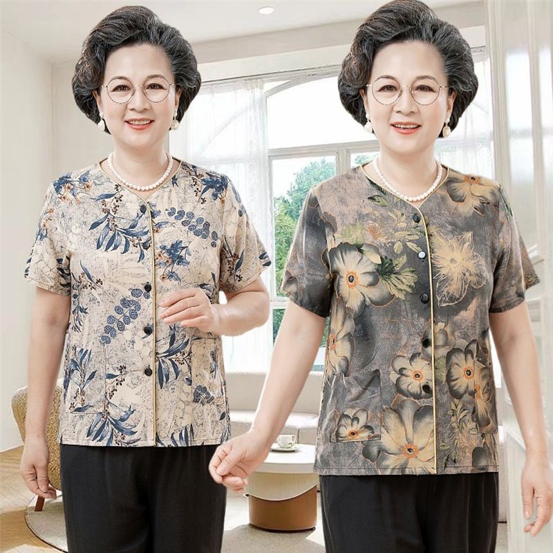 Wanita paruh baya dan lanjut usia kemeja v-neck baju gaya Cina hadiah gaun ibu untuk nenek
