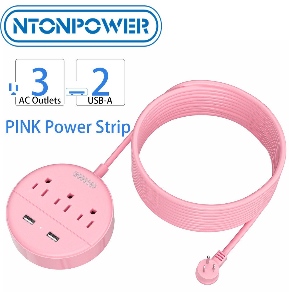 Pink Cute Power Strip with 3 AC Outlets & 2 USB-A Ports, 5FT Extension Cord Fast Charging US Plug Sw