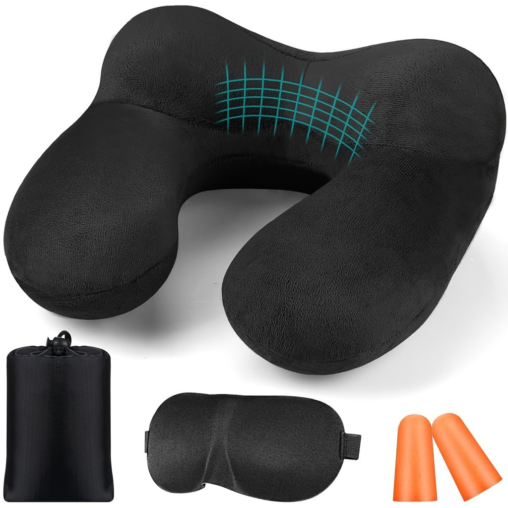 

1pc Travel Pillow, Airplane Inflatable Neck Pillow With Earplugs, Soft Velvet Ergonomic Neck Pillow Travel Inflatable Pillow, Of