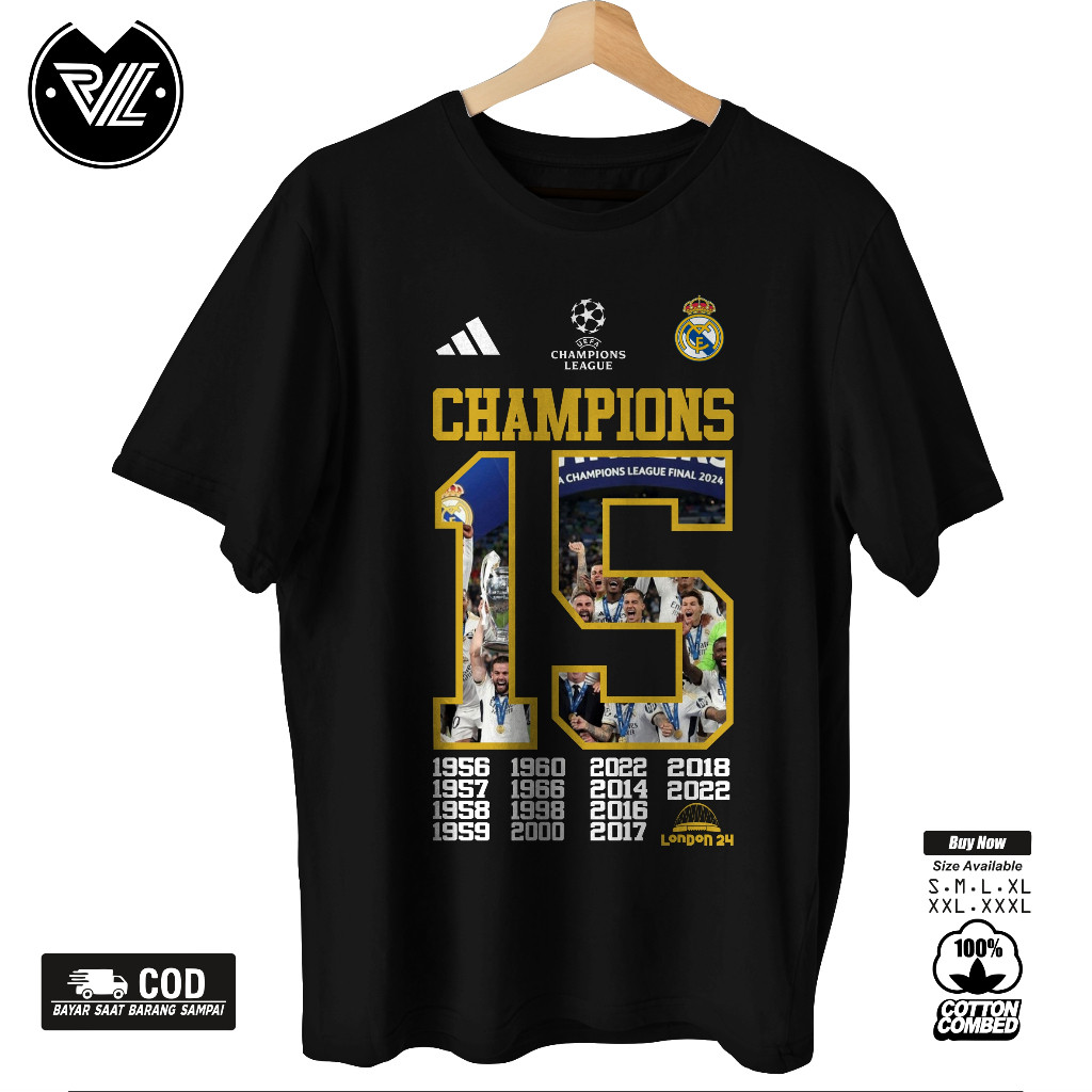 Tshirt Kaos REAL MADRID CHAMPIONS 15 UCL New 001 Cotton Combed 30s / Baju Champion Real madrid ucl /